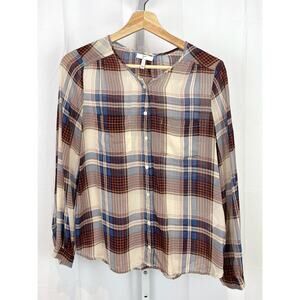 JOIE Sz S Safford Silk Button Up Blouse Plaid Shirt Multicolor Beige Brown Blue